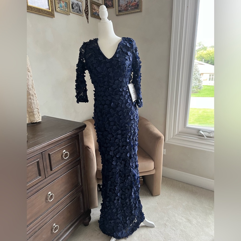 3/4 sleeve embellished navy blue formal dress